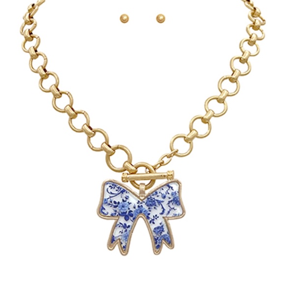 Bow w/Chinoiserie Print Necklace Set - Picture 1 of 1